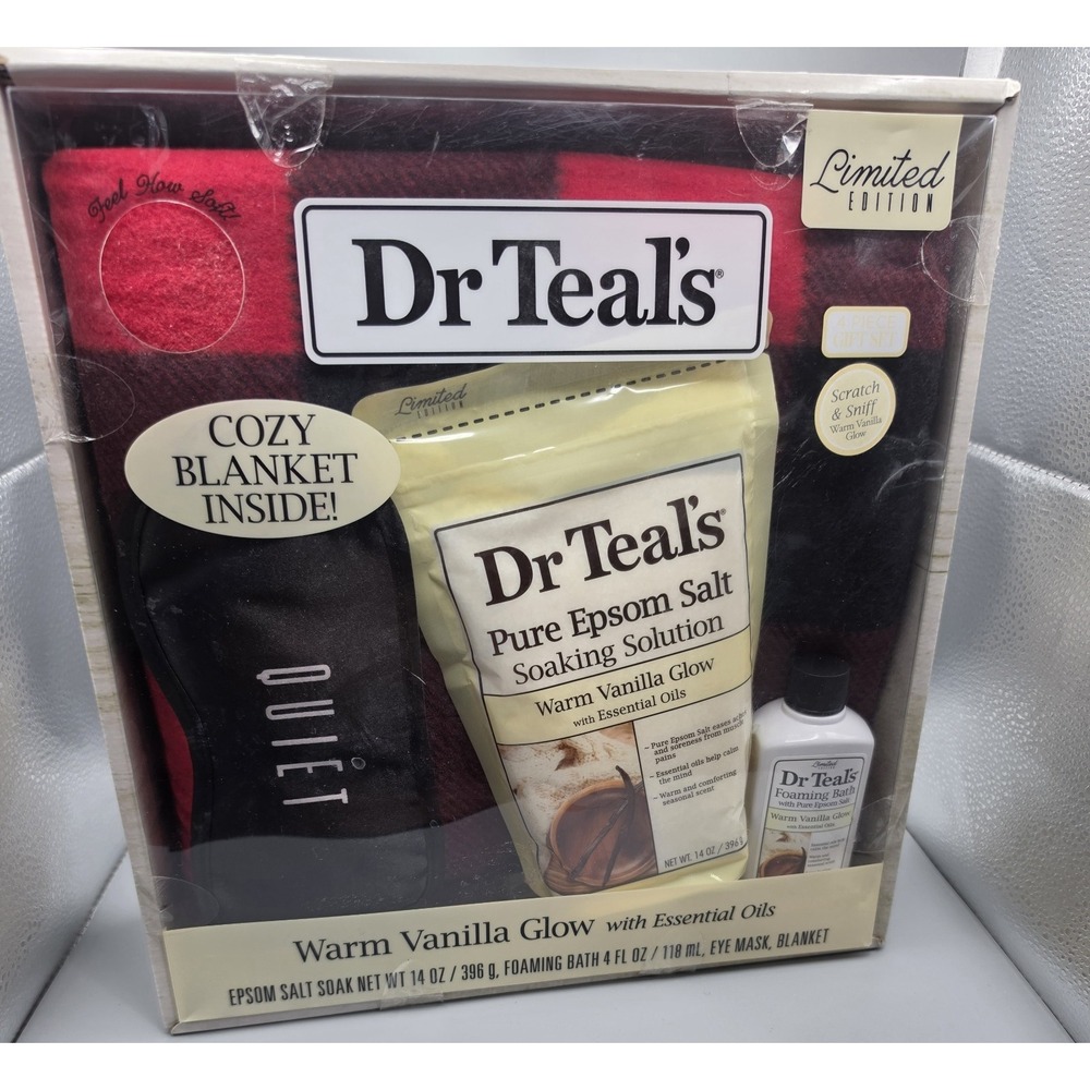 Dr Teal's Warm Vanilla Glow 4 Piece Gift Set Blanket Epsom Salt Limited Edition